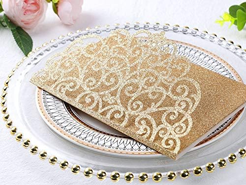 ponatia 5.12 x 7.2 Laser Cut Invitation Pocket, 20PCS Tri-Fold 5 x 7 Laser Cut Wedding Invitation Pockets with Envelopes for Wedding Bbay Shower Birthday Invite (Gold Glitter, No Inner Sheet) - Image 5
