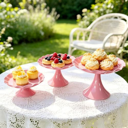 3 Pcs Pink Metal Cupcake Stand Scalloped Edge Dessert Display Tray - Image 2