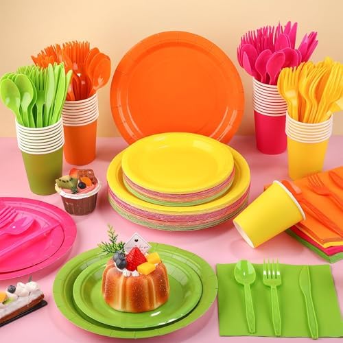 Kochorie 350 Pieces Neon Dinnerware Set, 7 & 9 inch Dessert Paper Plates Cups Napkins Plastic Cutlery Disposable Party Supplies for Neon Glow Party Birthday Baby Shower Wedding, Serve 50 Guests - Image 5