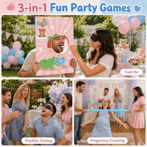 Cinrobiye 6 Set Baby Shower Games Kit Feed the Baby Shower Game with Pacifier Fishing Game, Balloon Baby Bump Limbo Challenge, Blindfold Team Party Activities for Gender Reveal Baby Shower - Image 7