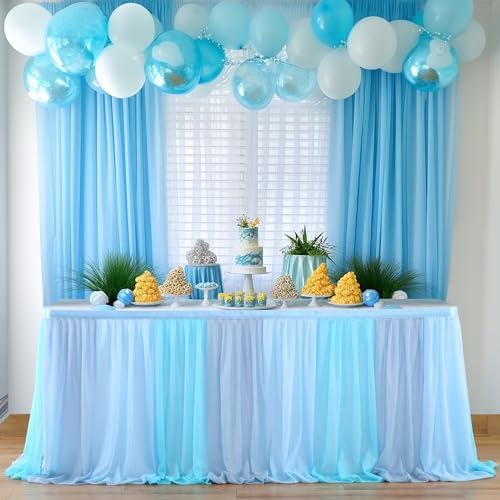 Tulle Table Skirt Blue Tutu Striped Table Skirts for Rectangle Tables Baby Shower Under the Sea Baby Shark Birthday Parties Decoration 14ft - Image 2