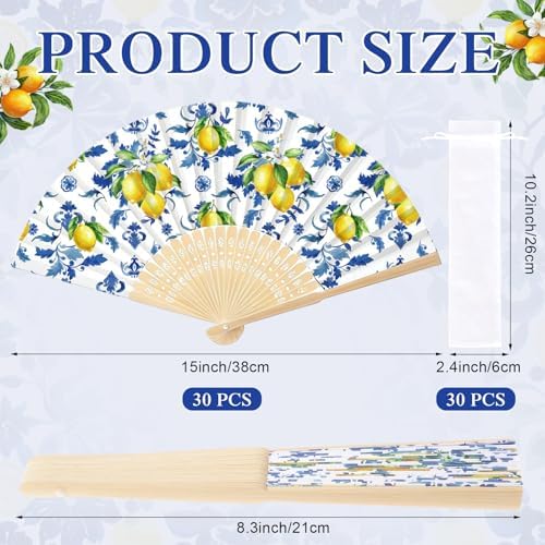 RattanView 30 Pcs Capri Lemon Folding Hand Fan Bulk with Bag Amalfi Coast Party Favor Yellow Blue Tiles Mediterranean Foldable Handheld Paper Fan for Summer Wedding Birthday Party Supplies Decor - Image 2