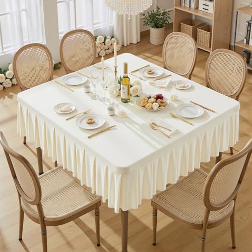 Wish Care Ivory Spandex Tablecloths for 54x54 Inch Square Tables, Stretch Fitted Table Clothes with Pleated Ruffle Skirt for 54” Table, Wrinkle Free and Elastic, for Party Kitchen Home Dining by WishCare