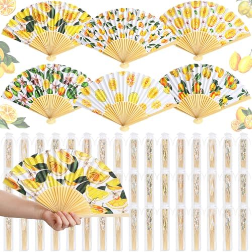 Briwooody 48 Set Lemon Hand Folding Fans with Organza Bags Bulk Wedding Favors for Guests Mediterranean Lemon Paper Fan for Bridal Shower Supplies Bridesmaid Gifts Italian Summer Party Decorations by Briwooody