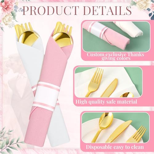 Lasnten 50 Pcs Pre-rolled Pink White Gold Plastic Silverware Set - Image 3