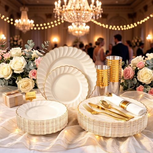 YOUBET 350PCS Ivory Scalloped Plastic Plates for Wedding Party - Image 4
