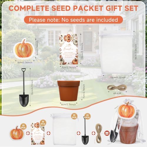 24 Sets Little Pumpkin Baby Shower Favor Kit, Mini terracotta-colored plastic flower pots with Seed Envelopes, Organza Bags, Thank You Tags, Jute Twine, Mini Garden Shovels, Fall Pumpkin Themed Plant - Image 2