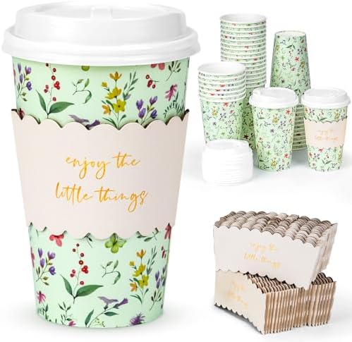 To Go Coffee Cups with Lids & Sleeves – Spring Floral Mint Green 50 Pack 16oz Premium Disposable Paper Cups, Weddings, Baby Showers, Birthday Parties, Brunch, Cafés by YULLOT