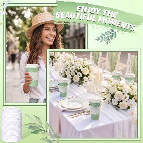 48 Set 16oz Sage Green Disposable Coffee Cups with Lids & Sleeves, White Floral Wildflowers Paper Drinking Cups for Wedding Bride Baby Shower Party - Image 5