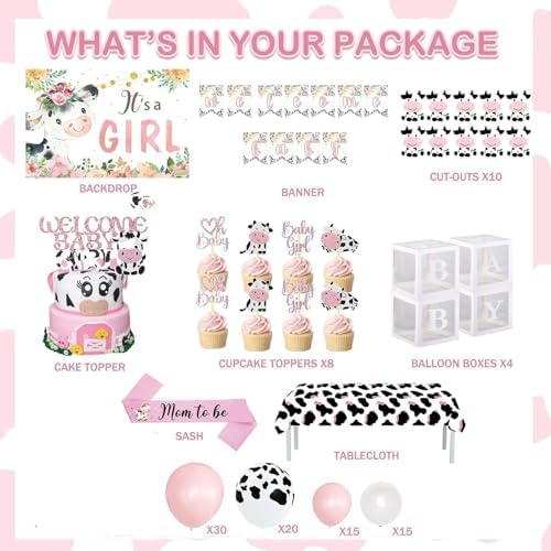 Cow Baby Shower Decorations for Girl, Fiesec Pink Farm Cow Themed Baby Shower Decorations Backdrop Balloon Garland Welcome Baby Banner Tablecloth Cake Topper Box Cutout Mom To Be Sash - Image 2