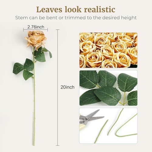 Auihiay 60PCS Gold Rose Artificial Flowers, Faux Silk Roses - Image 3