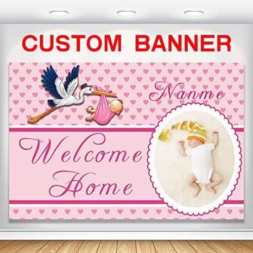 Custom Welcome Home Baby Girl Garden Flag Baby Shower Birth Announcement Family Party Newborn Gender Reveal Lawn Yard Sign Pink Stork Outdoor Decoration Burlap Banner 12.5 x 18 Inch (Pink-Baby Girl)(6x9ft) by AUBAO