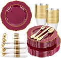 Liacere 175PCS Red Plastic Plates - Disposable Burgundy Red and Gold - 25guest Baroque Plastic Dinnerware include 50Plates, 25Pack Pre Rolled Napkins with Silverware 25Cups for Party & Wedding by Liacere