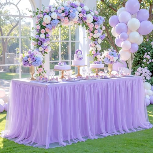 2 Pack Lavender Table Cloth for 8 Foot Rectangle Tables, Stretch Fitted Tulle Table Covers Skirt, Rectangular Ruffle Tutu Tablecloth Wedding Banquet Baby Shower Cake Tablecloths Decorations - Image 6