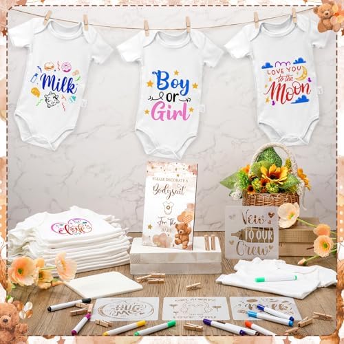 Panitay 126 Pcs Baby Shower DIY Bodysuit Set Bib 25 Blank White Newborn Bodysuit 25 Stencils 24 Marker 1 Sign 50 Pins(Bear) - Image 2