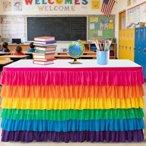 Pufogu BrightRainbow Tulle Table Skirt 14ft Tutu Ruffled Chiffon Tablecloth For Rectangle Wedding Baby Shower Girls Birthday Party and Cake Dessert Table Decorations(BrightRainbow, L14(ft), H30in) - Image 2