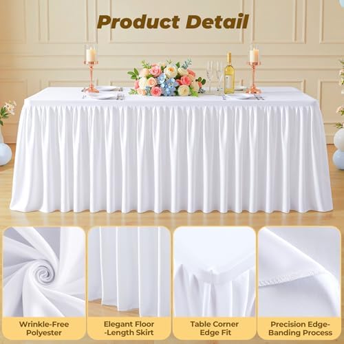White Polyester Table Cloths for Rectangle 8 Foot Tables, 2 Pack Wrinkle Free Tablecloths Stretchy Banquet Ruffle Fitted Table Cover Desk Skirt for Parties Wedding Birthday Baby Shower - Image 3