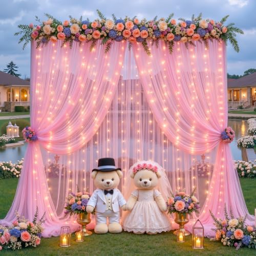 20ft x 12ft Pink Tulle Photo Backdrop Curtain with Lights String for Parties Wedding Sheer Baby Pink Curtain Backdrop for Baby Shower Girls Birthday Party Gender Reveal Photo Background Decorations - Image 3