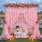 10ft x 12ft Pink Tulle Photo Backdrop Curtain with Lights String for Parties Wedding Sheer Baby Pink Curtain Backdrop for Baby Shower Girls Birthday Party Gender Reveal Photo Background Decorations - Image 3