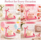 15 Pack Clear Cake Boxes 6 x 6 x 8.3 Inch, Transparent Bakery Gift Boxes with Pink Base and Ribbon, Thick PET Cake Carrier Boxes with Handle for Cupcakes Cookies Mini Cakes Wedding Birthday Party (15) - Image 5