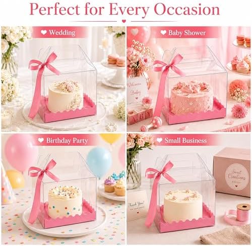 15 Pack Clear Cake Boxes 6 x 6 x 8.3 Inch, Transparent Bakery Gift Boxes with Pink Base and Ribbon, Thick PET Cake Carrier Boxes with Handle for Cupcakes Cookies Mini Cakes Wedding Birthday Party (15) - Image 5