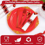 400PCS Pre Rolled Red Plastic Silverware Sets Heavy Duty for Wedding - Image 7