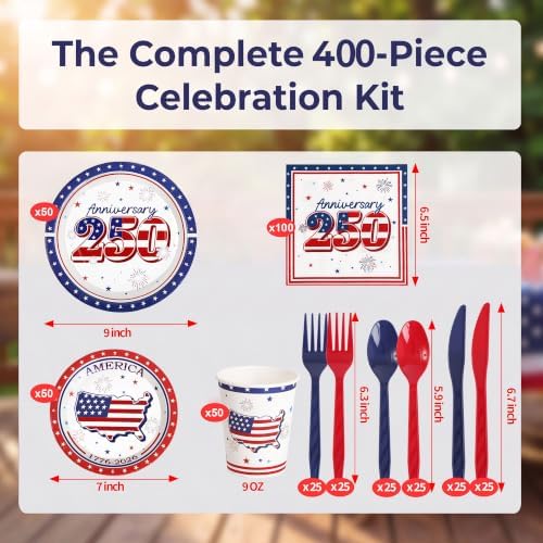 400 Pcs Disposable 250th Anniversary 4th of July Tableware Set for 50 Guest - Image 3