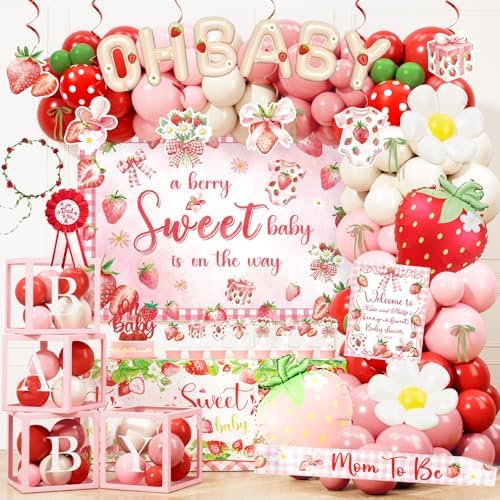 Costova Strawberry Baby Shower Decorations, A Berry Sweet Baby Is on the Way Party Supplies with Backdrop, Balloon Garland, Boxes, Mom to Be Sash for It's a Girl Gender Reveal Party by Unknown