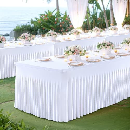 Besutolife White Tablecloths for Rectangle Tables 6ft Spandex Table Skirt One-Piece Wrinkle-Resistant Ruffles Design for Banquets Parties Wedding Dining Table - Image 2
