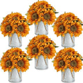 Artificial Fall Sunflower Table Centerpieces - Set of 6 Faux Floral Autumn Arrangement with Rustic Metal Vase for Home Kitchen Wedding Party Decorations by XOETCP