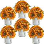 Artificial Fall Sunflower Table Centerpieces - Set of 6 Faux Floral Autumn Arrangement with Rustic Metal Vase for Home Kitchen Wedding Party Decorations by XOETCP
