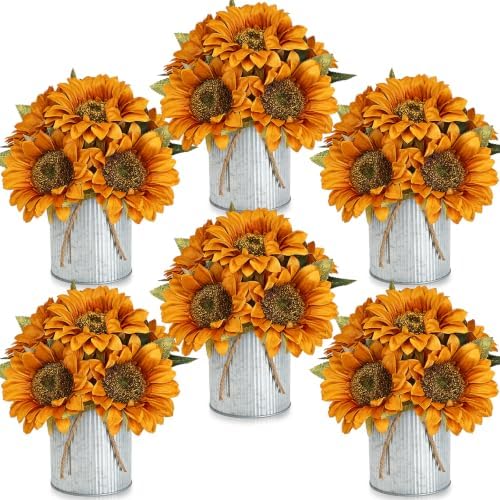 Artificial Fall Sunflower Table Centerpieces - Set of 6 Faux Floral Autumn Arrangement with Rustic Metal Vase for Home Kitchen Wedding Party Decorations by XOETCP