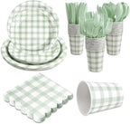 168Pcs Gingham Party Supplies for 24 Guests Thick Paper Plates and Napkins Knives Spoons Forks Cups Disposable Party Set Cutlery for Dinner Baby Shower Wedding Favor(Sage Green) by Unknown