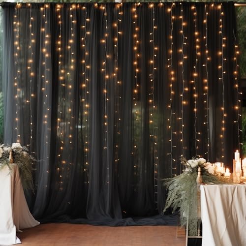20×10ft Black Tulle Backdrop Curtain with Lights String for Parties, Sheer Photo Backdrop Curtains for Wedding Party Photography Background - Image 2