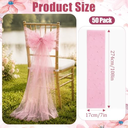 50 Pack Pink Pearls Bows Chair Sashes Ribbons Wedding Decor 7 x 108 in - Image 2