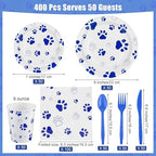 Kochorie 400 Pieces Blue Paw Disposable Party Tableware Sets Dog Puppy Supplies Including Plates Cups Napkins Cutlery Serves 50 for Birthday Puppy Theme Party Decorations - Image 2