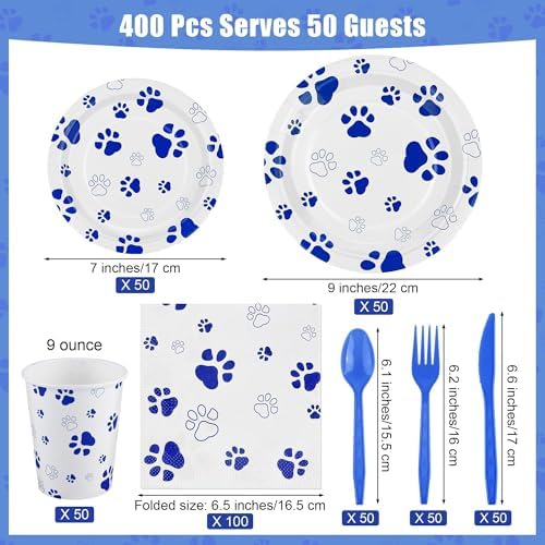 Kochorie 400 Pieces Blue Paw Disposable Party Tableware Sets Dog Puppy Supplies Including Plates Cups Napkins Cutlery Serves 50 for Birthday Puppy Theme Party Decorations - Image 2