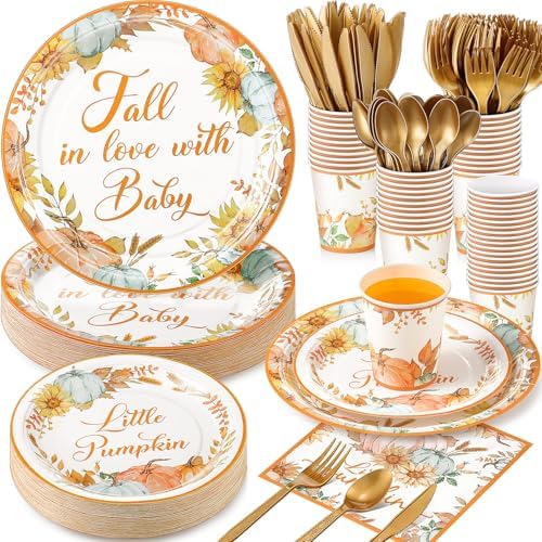 Ziliny 350 Pcs Fall Baby Shower Party Supplies Fall in Love with Baby Paper Plates Napkins Cups and Plastic Cutlery Party Tableware Set for Autumn Shower Birthday Decorations, Serves 50 by Ziliny