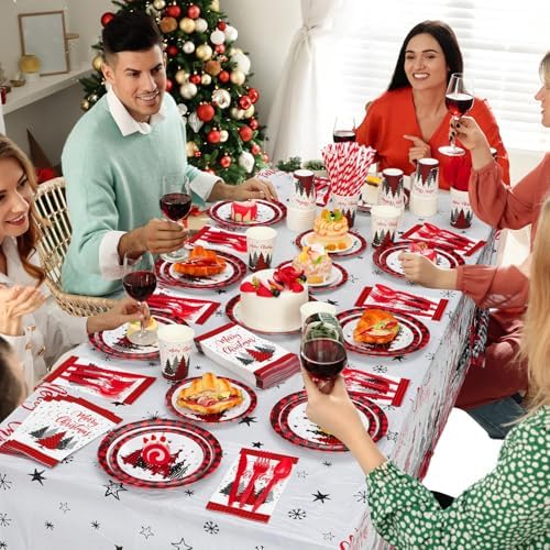Funnymoom 452 Pcs Christmas Tree Party Supplies for 50, Red Buffalo Plaid Gingham Christmas Paper Plates Napkins Cups Tablecloth Cutlery Straws Tableware Set for Xmas Holiday Party Decorations - Image 5
