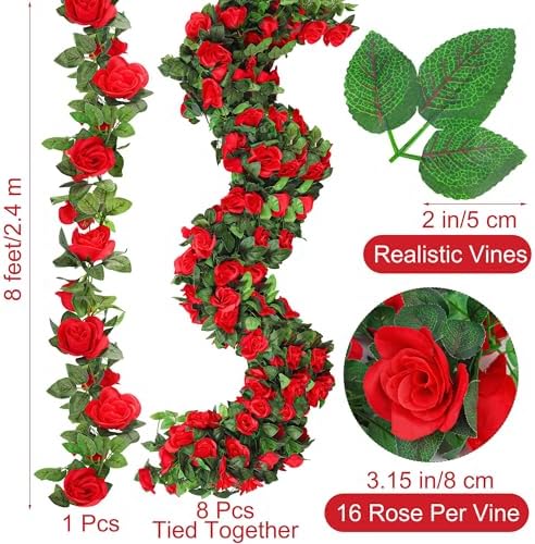 Aneco 8 Pack 64 FT Red Flower Garland Kentucky Artificial Rose Vines Derby Roses Fake Vine Flowers Plants Party Supplies for Kentucky Holiday Wedding Garden Craft Art Decoration - Image 2