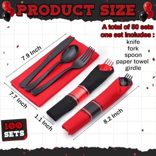 Lasnten 100 Set Pre Halloween Pre Rolled Silverware, Black Red Disposable - Image 2
