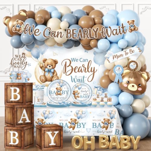 Bear Baby Shower Decorations,260pcs All-in-1 Blue Bear Party Decorations Plates and Napkins Cups Tablecloth Banner Backdrop for Boy Baby Shower Decorations by Unknown