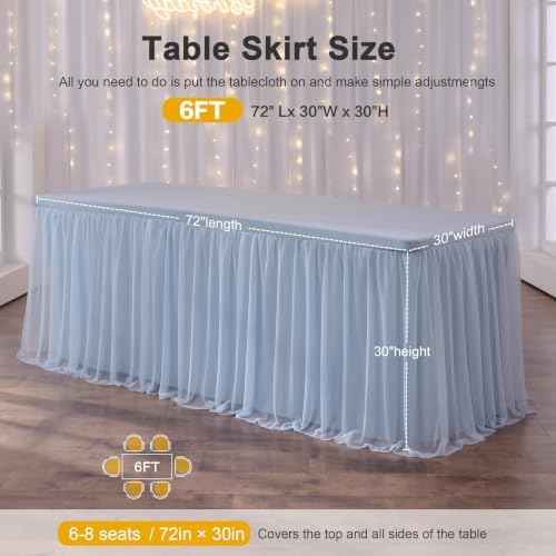 familus Dusty Blue Table Cloths 6 Foot Rectangle 2 Pack Stretch Ruffle Tulle Tablecloth Spandex Fitted Table Cover for 6 Foot Tulle Table Skirts for Party Wedding Table Cloths, Banquets - Image 4
