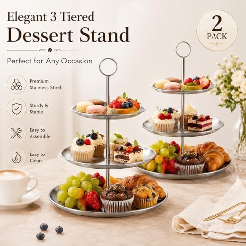 ABuff 3 Tiered Silver Cupcake Stand 2 Pack Stainless Steel Silver Tiered Dessert Stand Cupcake Display Tower 3 Tier Serving Tray Cake Stand for Baby Shower Birthday Party Wedding - Image 4
