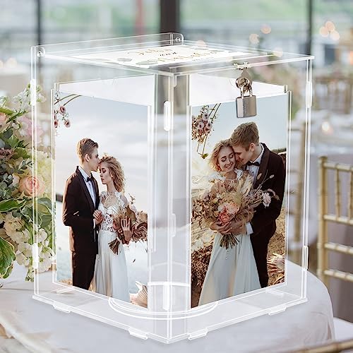 Acrylic Wedding Card Box with Picture Frame, Clear Gift Card Box for Wedding Reception, Large Rotatable Money Envelope Card Box Holder with Lock for Graduation Party Birthday Baby Shower by CYAOOI
