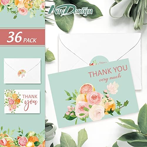 AnyDesign 36 Set Orange Floral Thank You Cards Watercolor Fruit Flower Greeting Cards with Envelopes Stickers Spring Summer Blank Note Cards for Baby Shower Wedding Birthday Party (Pack of 2) - Image 3
