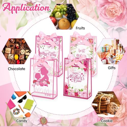 Capoda 24 Pack Mother's Day Bags with Handles, Large Floral Reusable PP Plastic Goodie Bags, Pink Rose Party Favor Bag for Mom Brunch, Classroom, Church, Candy Treats & Small Gifts - Image 4
