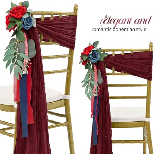 50 PCS Cheesecloth Chair Sashes Bows Wedding Aisle Decorations Chair Ribbon Ties Back Sash for Wedding Party Events Banquet Chair Cover Decoration (Burgundy) - Image 3