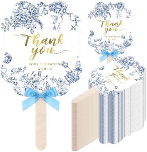 Huwena 50 Sets Wedding Fans for Guests Thank You for Celebrating with Us Fans Hand Fans Handheld Folded Fan Baby Shower Favors for Bridal Bridesmaid Gift Church Dancing (Blue,Floral) by Huwena