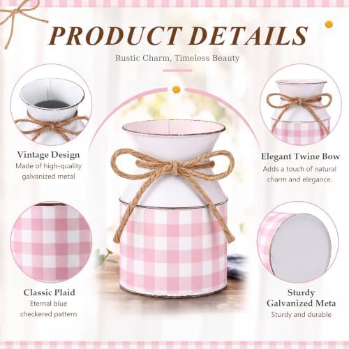 Domensi 6 Pcs Farmhouse Metal Flower Vase, Pink Gingham Table Centerpiece - Image 3